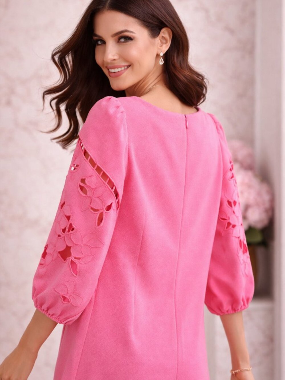 Hot Pink Statement Mini Dress Vince Camuto Eyelet Sleeve NWT - Picture 3 of 11